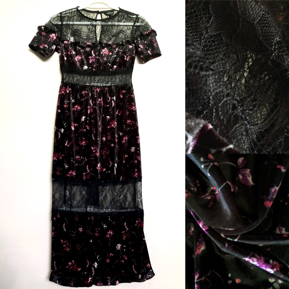 Velvet + Lace Panel Trim Ruffles Floral Maxi Dress